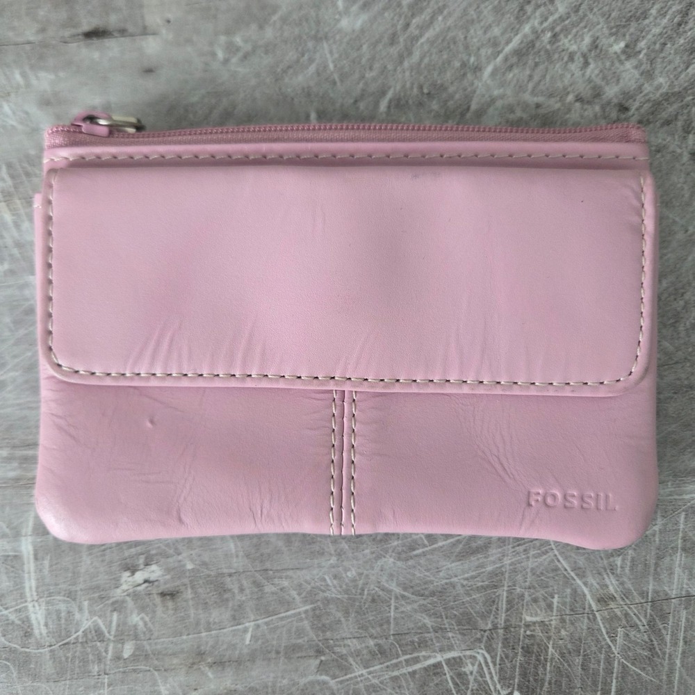 Fossil Pink Leather Card Purse Wallet Zippered Pouch Genuine‎ Leather Compact